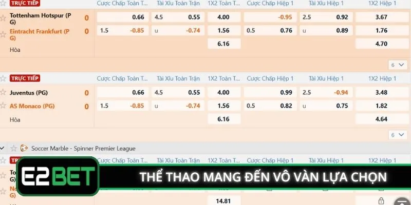 Thể thao E2BET mang đến vô vàn lựa chọn