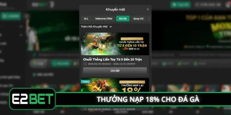 Khuyến mãi E2BET thưởng nạp 18% cho đá gà